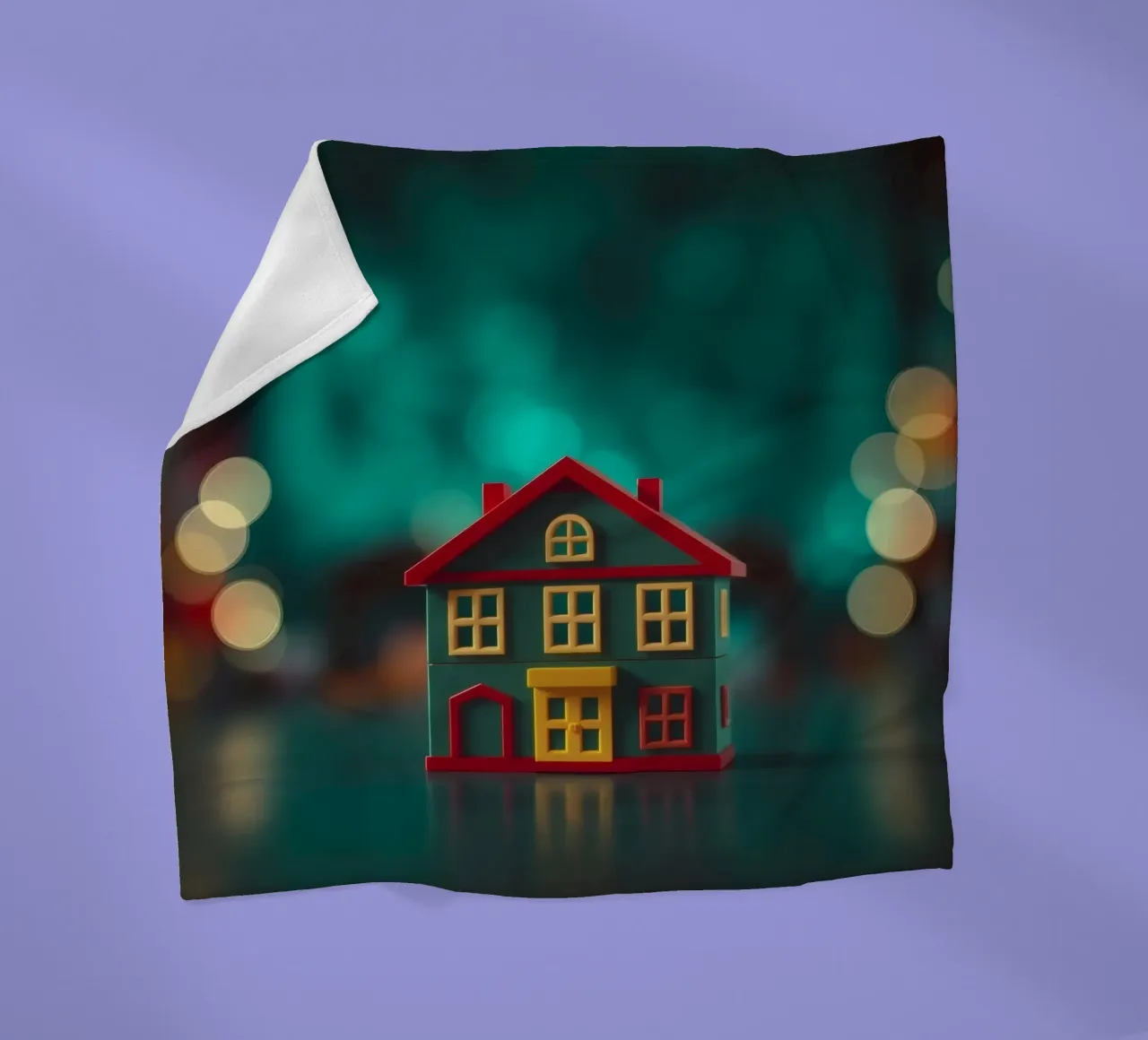 Casa giocattolo colorata su un tavolo con luci soffuse e sfocate coperta in pile da DesignDoodle
