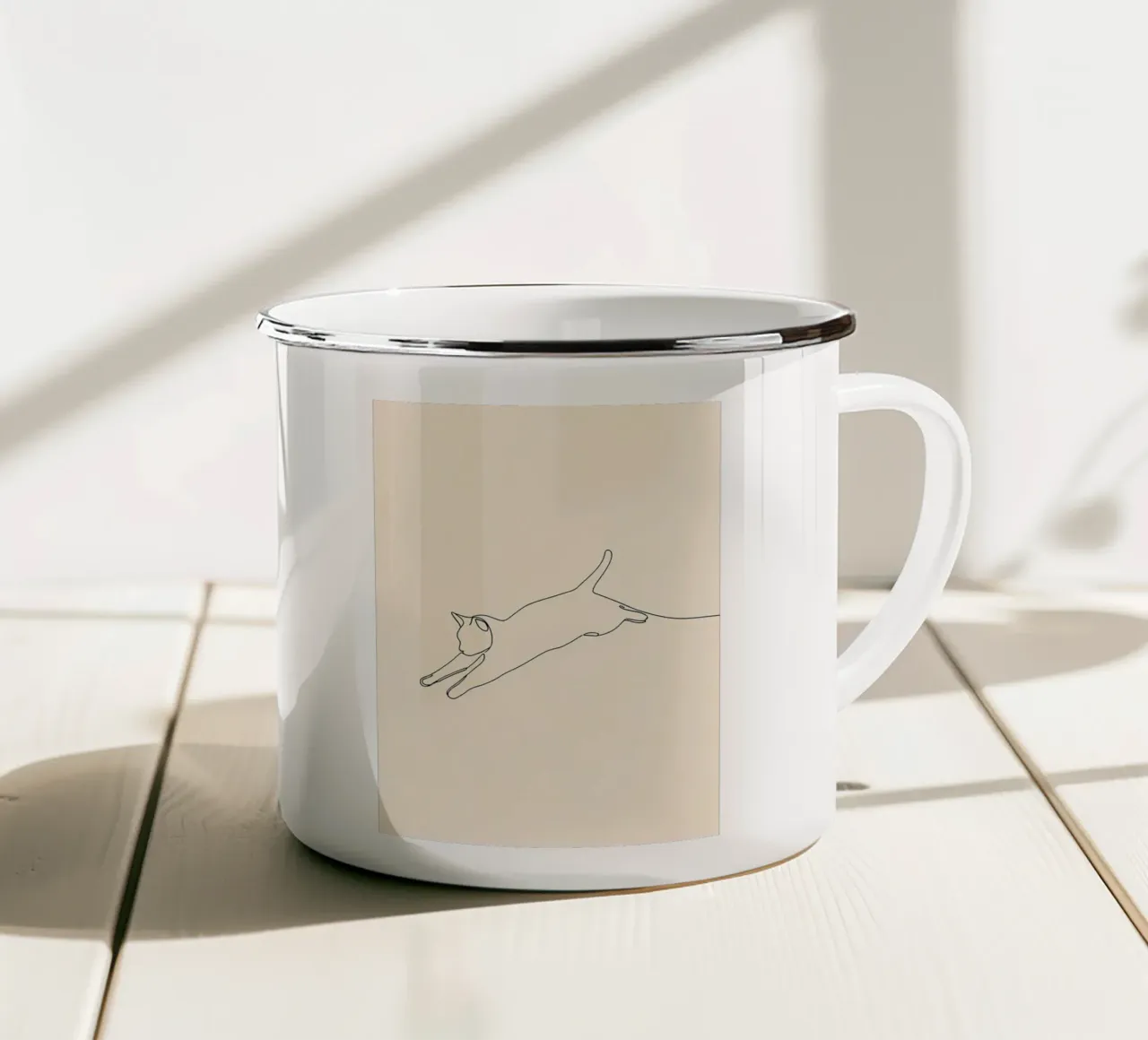 Minimalist Line Drawing of A Cat leaping | Modern Abstract enamel mug by Viv Line Art