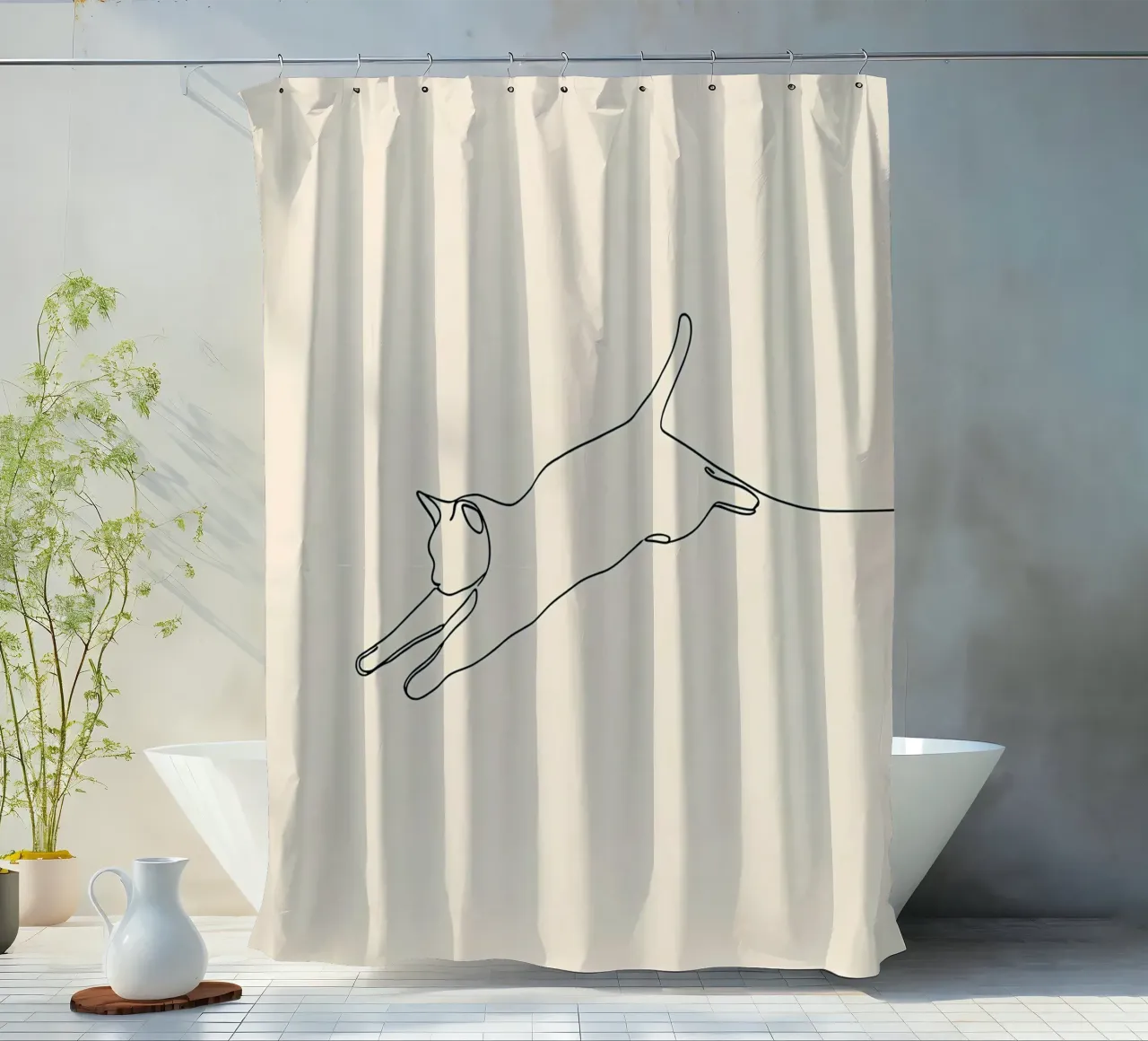 Minimalist Line Drawing of A Cat leaping | Modern Abstract shower curtain by Viv Line Art