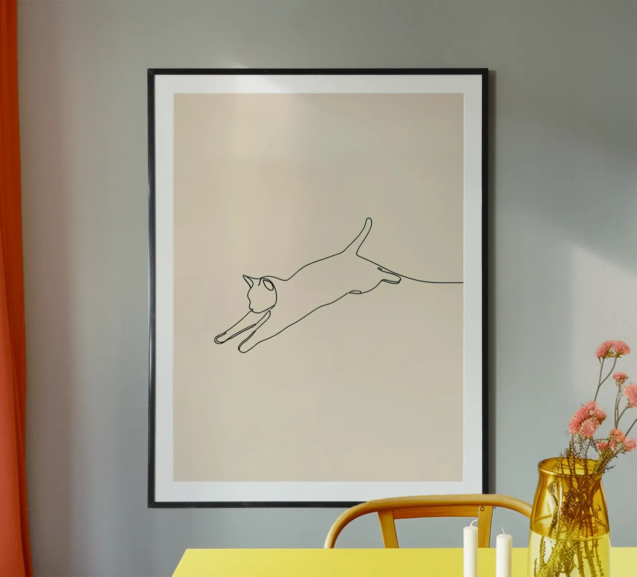 Dessin au trait minimaliste d'un chat qui saute | Abstrait moderne poster de Viv Line Art