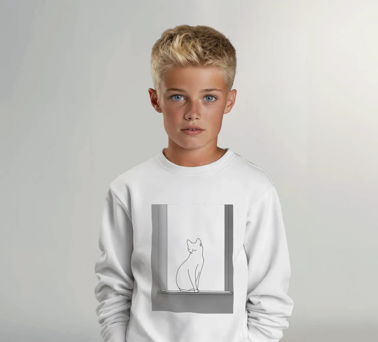 Dessin au trait minimaliste d'un chat assis sur une fenêtre sweat enfant de Viv Line Art