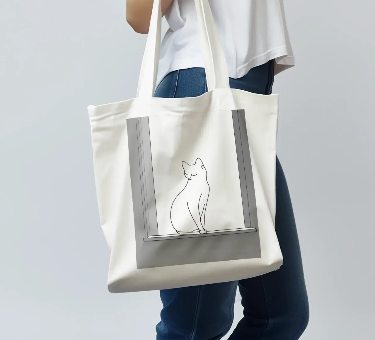 Minimalist Line Drawing of a Cat Sitting on a Window tote bag by Viv Line Art