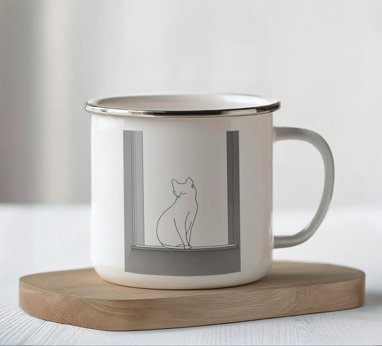 Minimalist Line Drawing of a Cat Sitting on a Window enamel mug by Viv Line Art