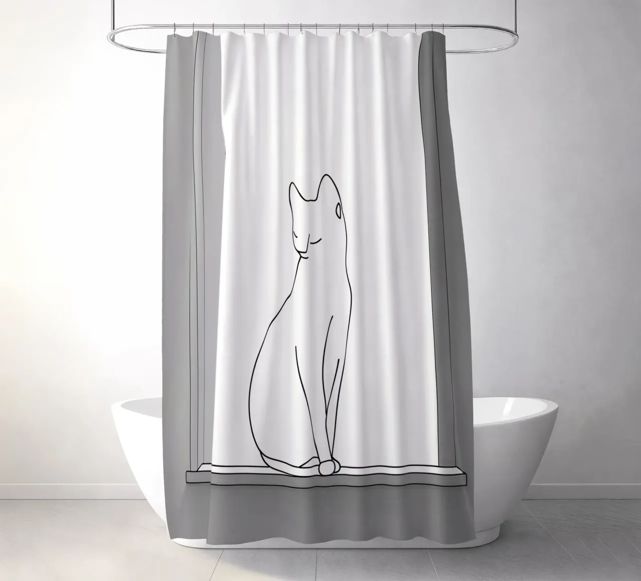 Minimalist Line Drawing of a Cat Sitting on a Window shower curtain by Viv Line Art