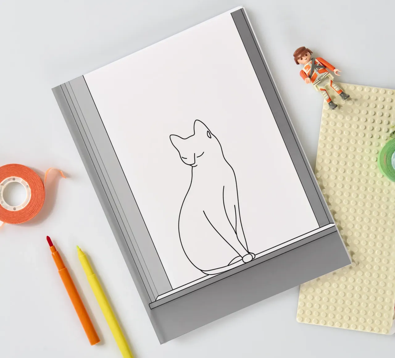 Minimalist Line Drawing of a Cat Sitting on a Window notebook by Viv Line Art