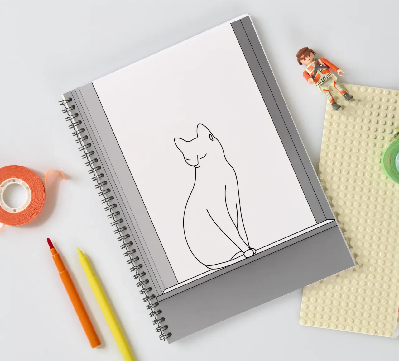 Minimalist Line Drawing of a Cat Sitting on a Window spiral notebook by Viv Line Art