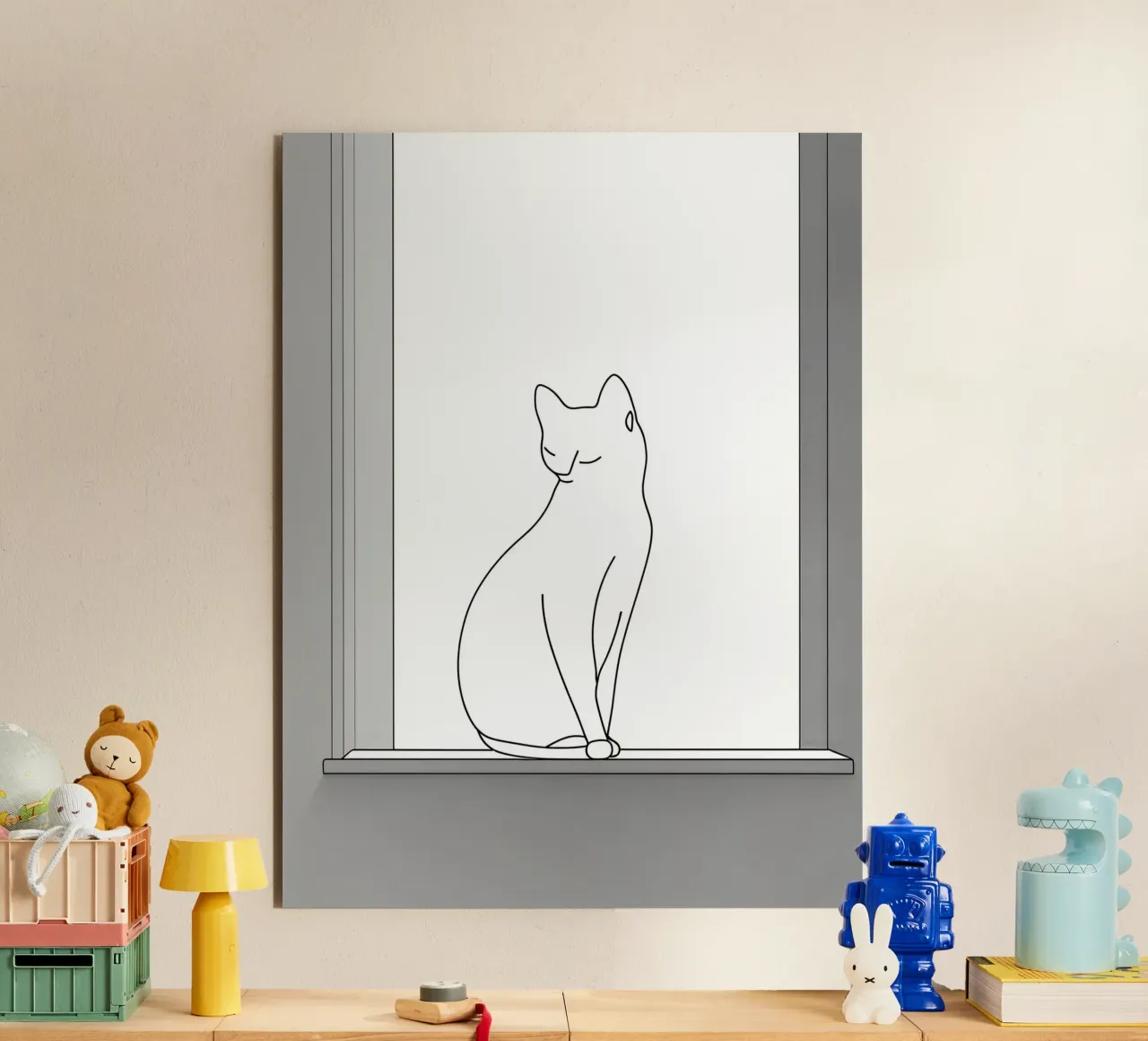 Minimalist Line Drawing of a Cat Sitting on a Window alu-dibond by Viv Line Art