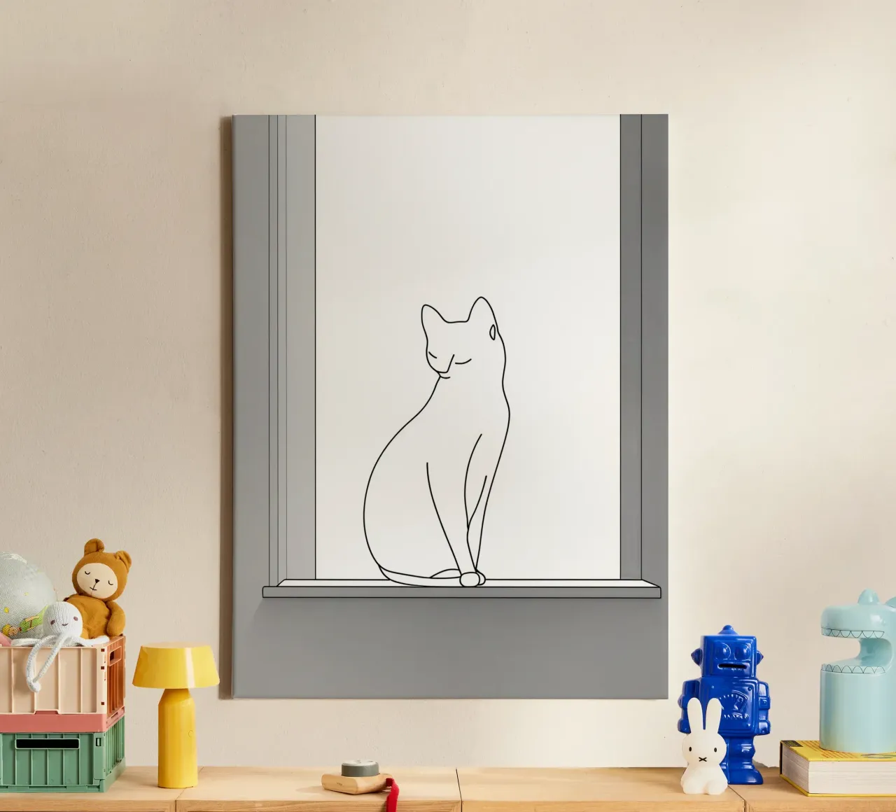 Minimalist Line Drawing of a Cat Sitting on a Window canvas by Viv Line Art