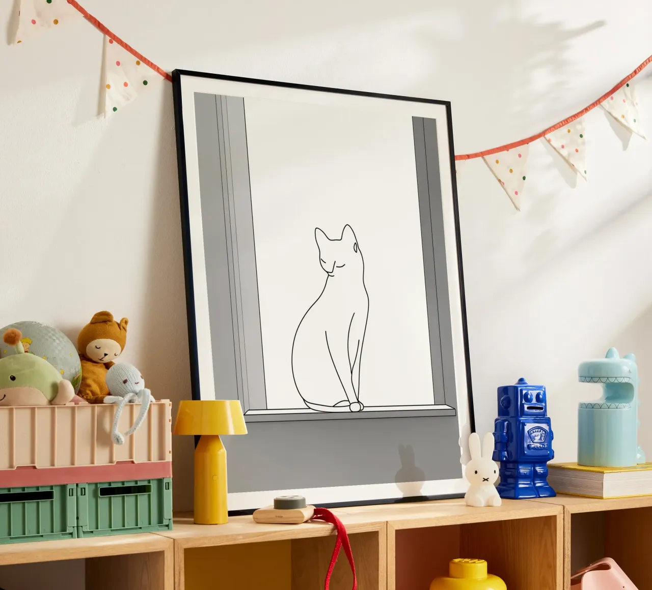 Disegno lineare minimalista di un gatto seduto su una finestra poster con telaio in alluminio da Viv Line Art