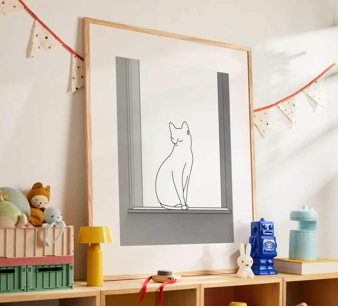 Disegno lineare minimalista di un gatto seduto su una finestra poster con telaio in alluminio da Viv Line Art