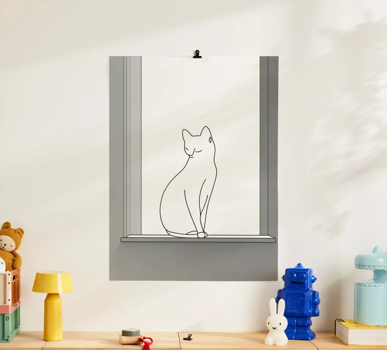 Disegno lineare minimalista di un gatto seduto su una finestra poster con telaio in alluminio da Viv Line Art