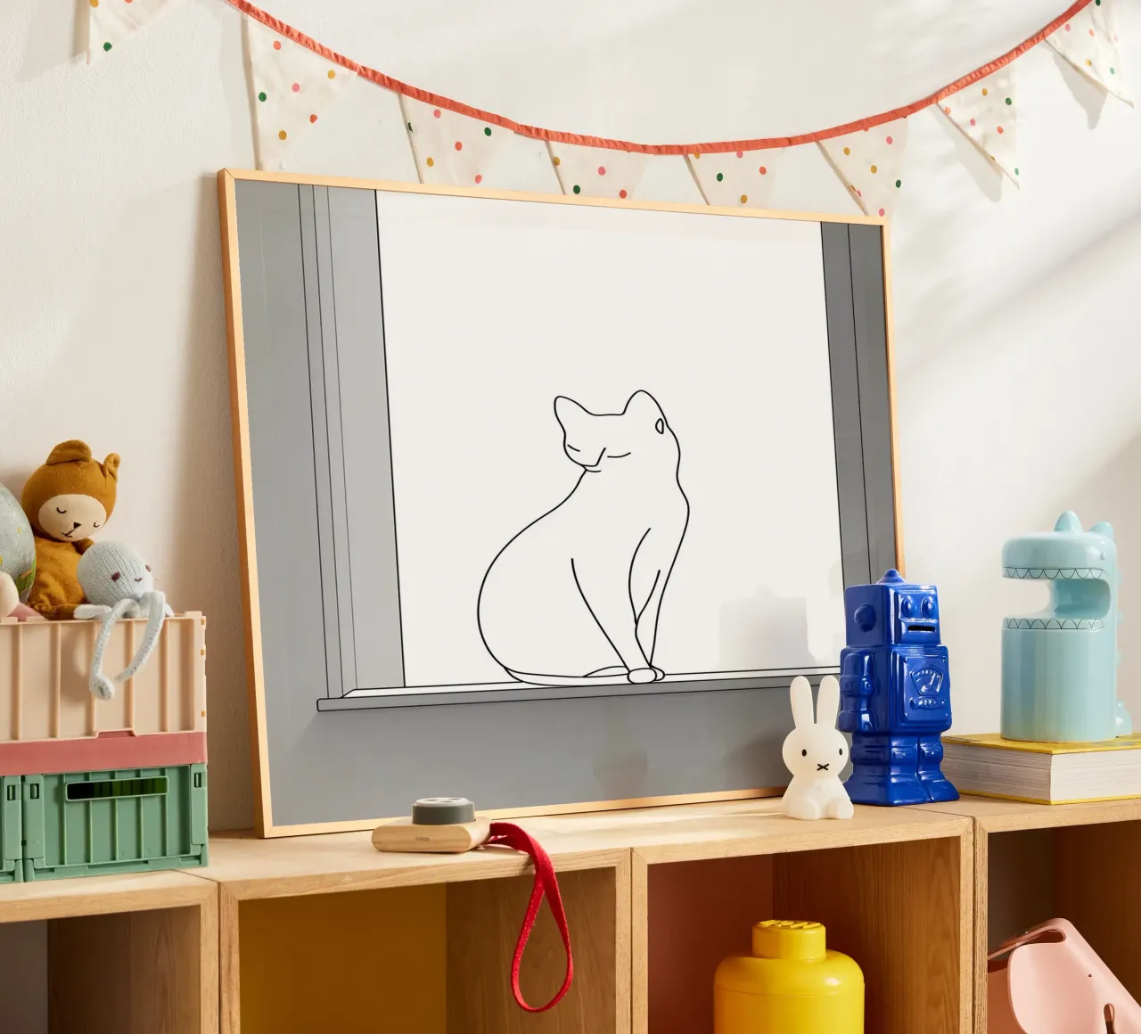Disegno lineare minimalista di un gatto seduto su una finestra poster con telaio in alluminio da Viv Line Art