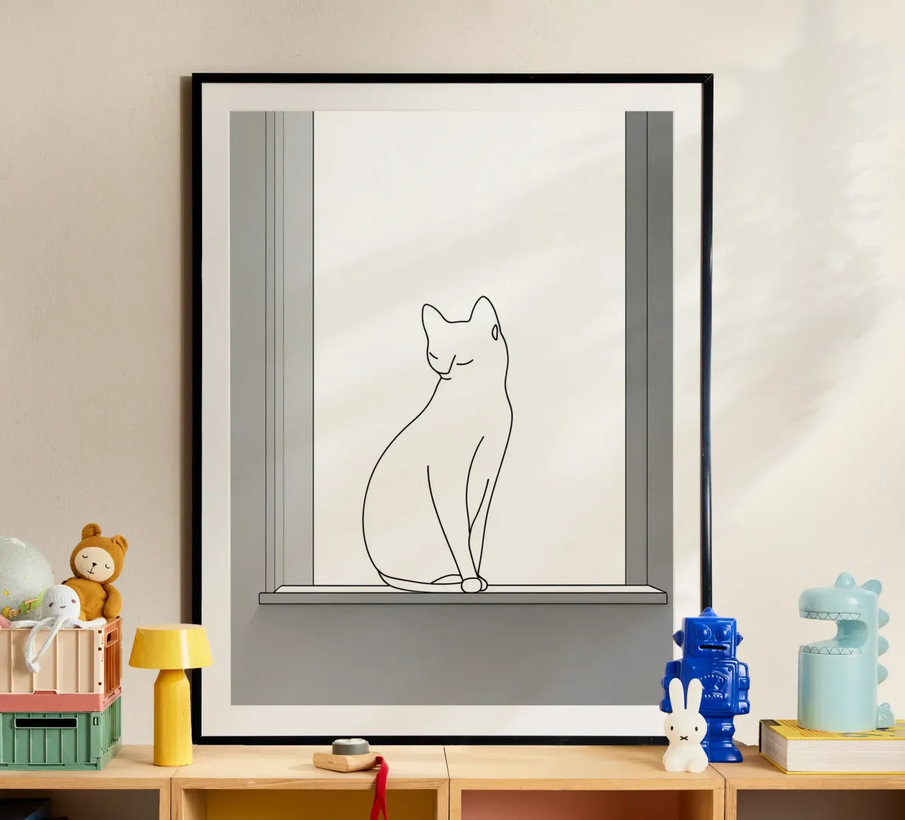 Disegno lineare minimalista di un gatto seduto su una finestra poster con telaio in alluminio da Viv Line Art