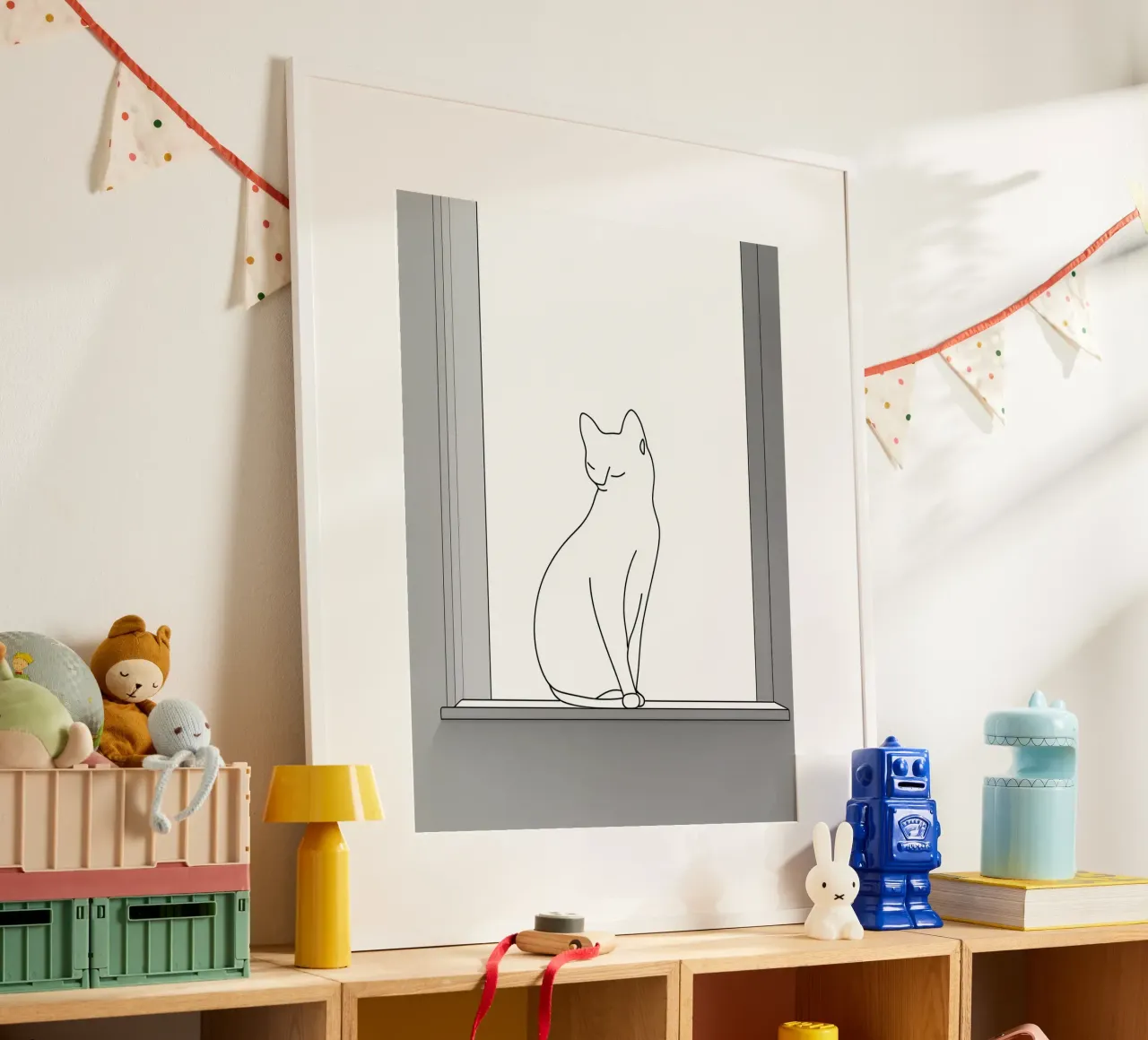Disegno lineare minimalista di un gatto seduto su una finestra poster con telaio in alluminio da Viv Line Art