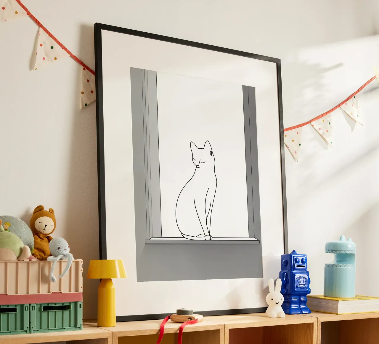 Disegno lineare minimalista di un gatto seduto su una finestra poster con telaio in alluminio da Viv Line Art