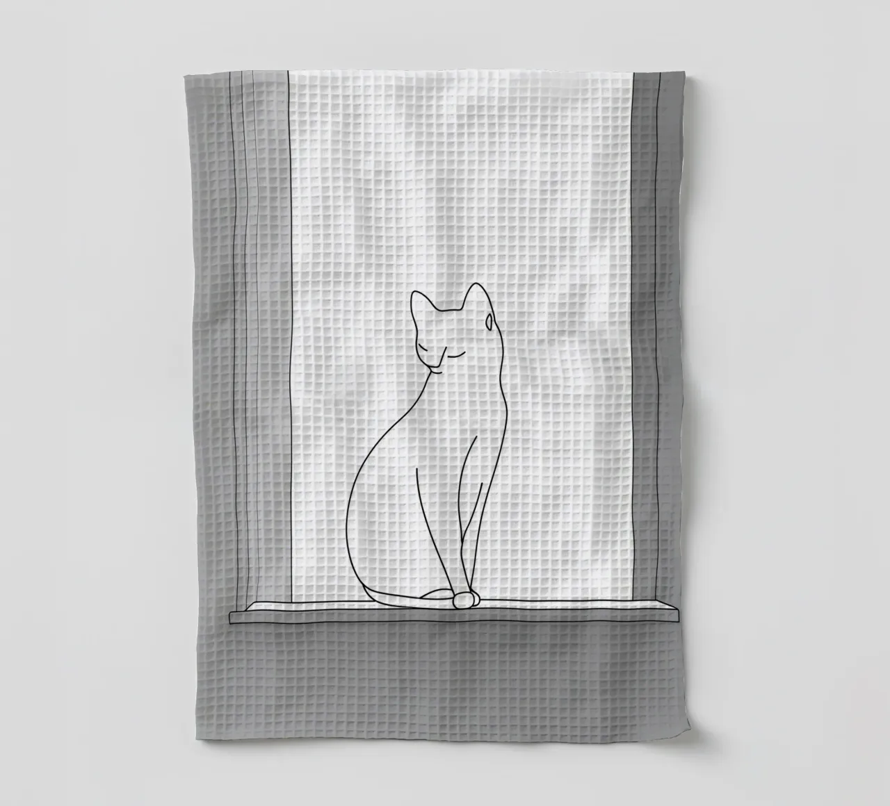 Dessin au trait minimaliste d'un chat assis sur une fenêtre torchon de Viv Line Art