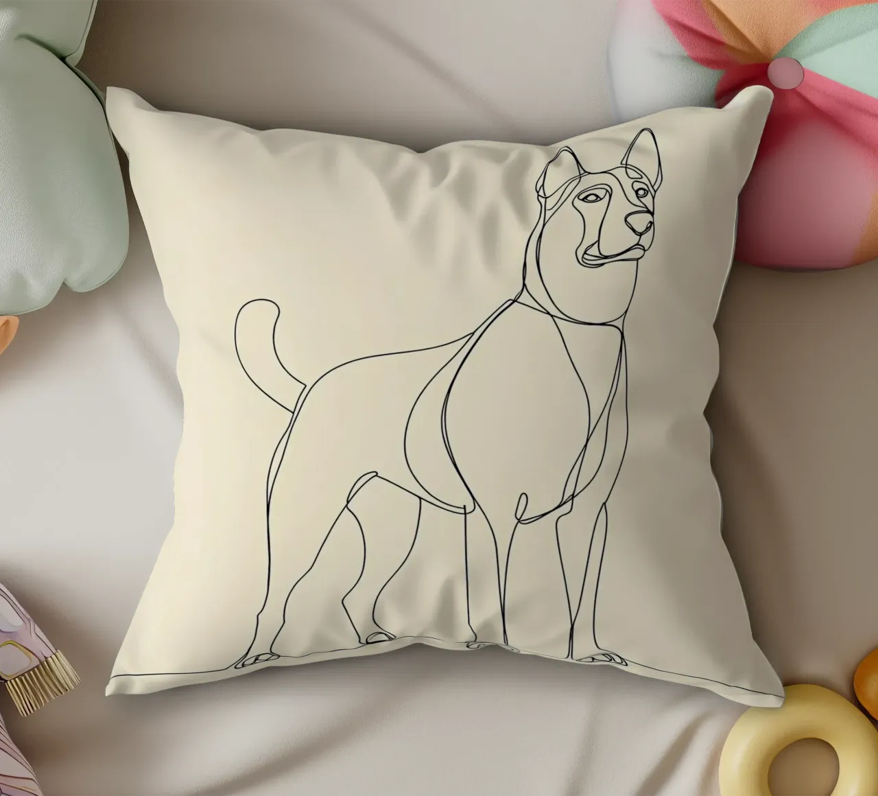 Disegno lineare minimalista di un cane in piedi | Astratto moderno cuscino da Viv Line Art