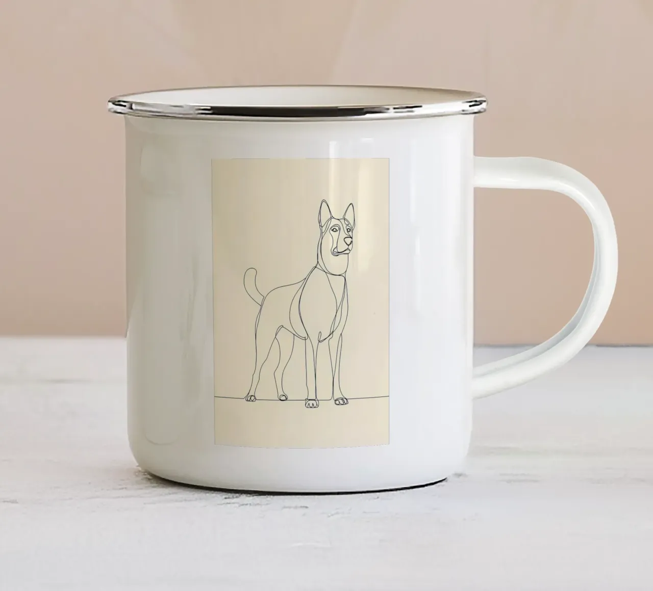 Dessin au trait minimaliste d'un chien debout | Abstrait moderne mug en émail de Viv Line Art