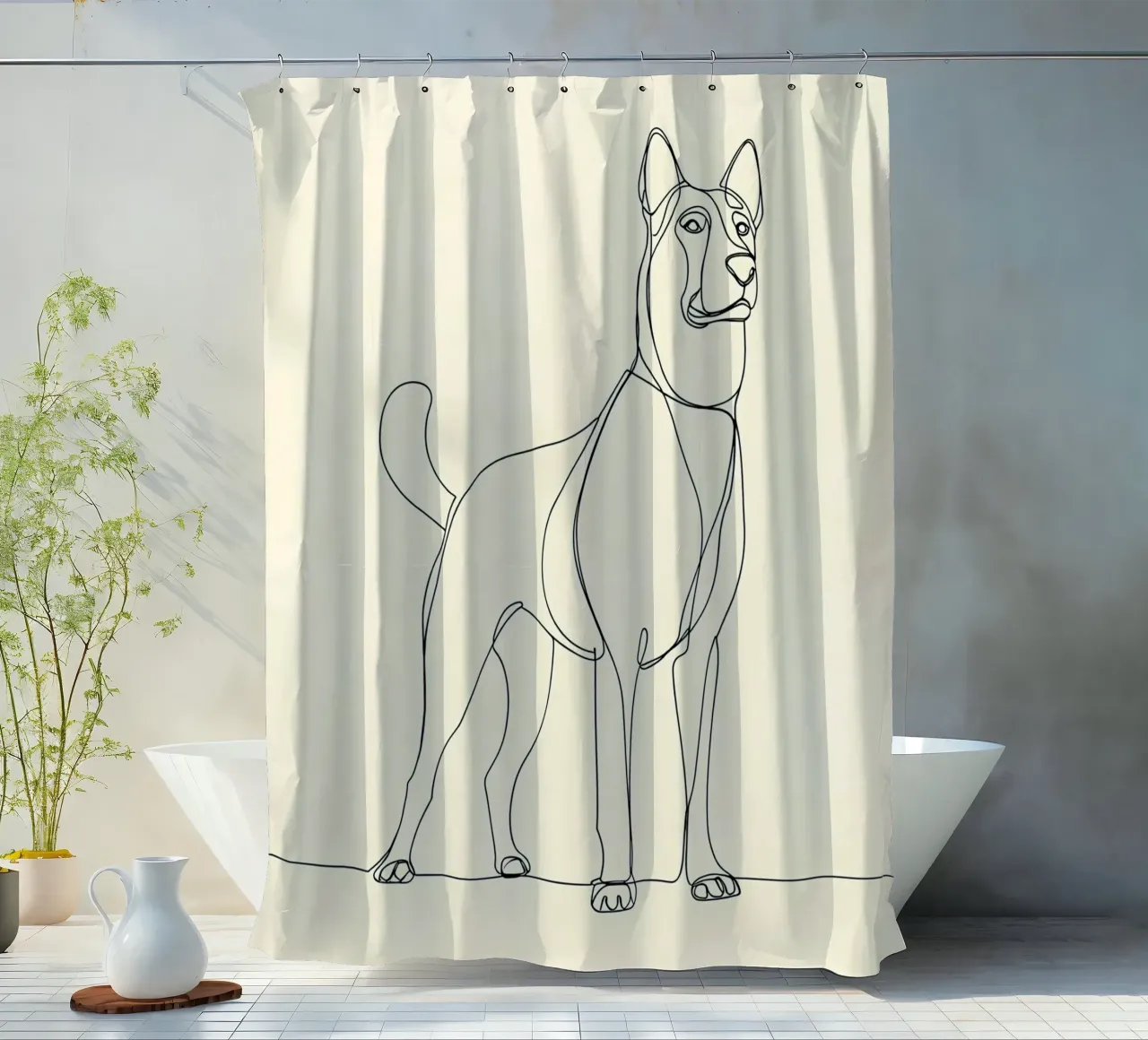 Minimalist Line Drawing of a Dog Standing | Modern Abstract shower curtain by Viv Line Art