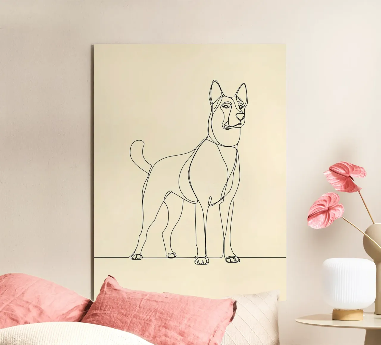 Dibujo lineal minimalista de un perro de pie | Abstracto moderno aluminio dibond de Viv Line Art