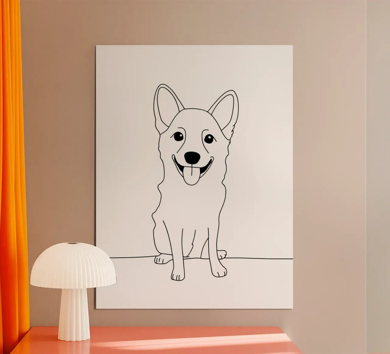 Dessin minimaliste d'un chien heureux | Modern Abstract Art poster avec cadre en bois de Viv Line Art