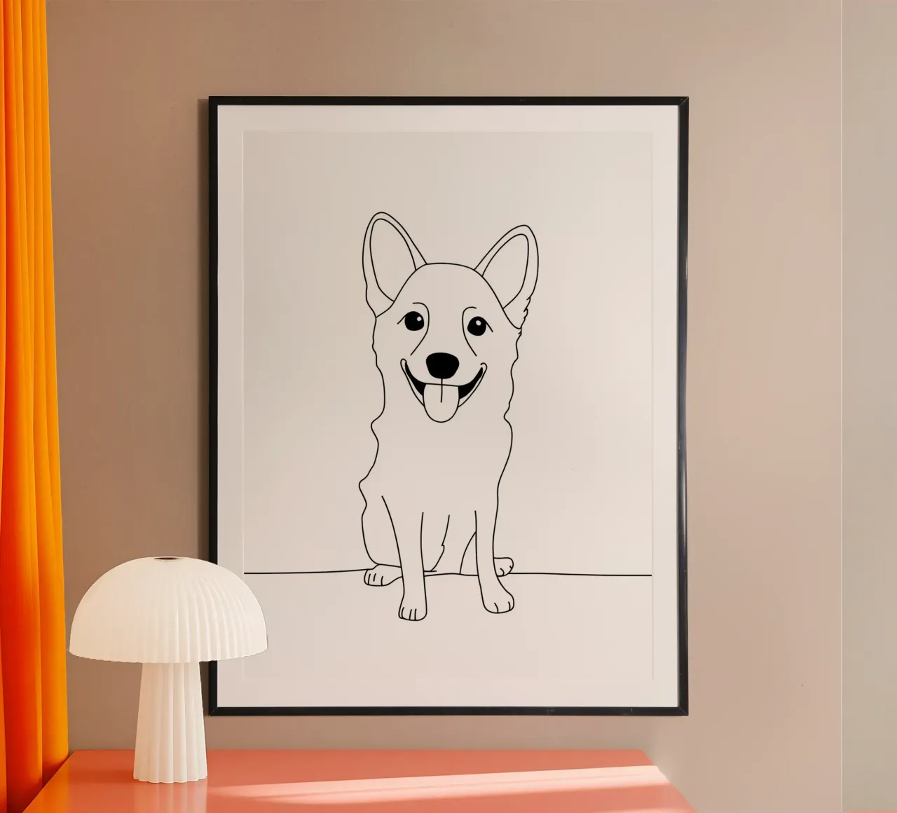 Dessin minimaliste d'un chien heureux | Modern Abstract Art poster avec cadre en bois de Viv Line Art