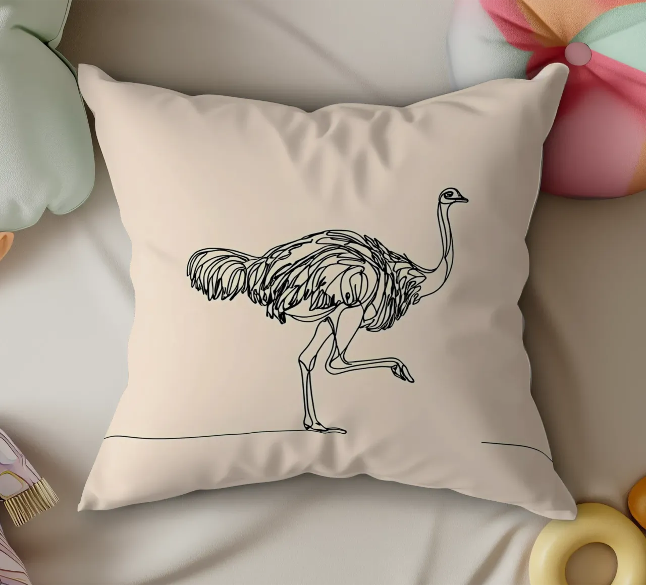 Disegno lineare minimalista di uno struzzo che cammina | Moderno cuscino da Viv Line Art