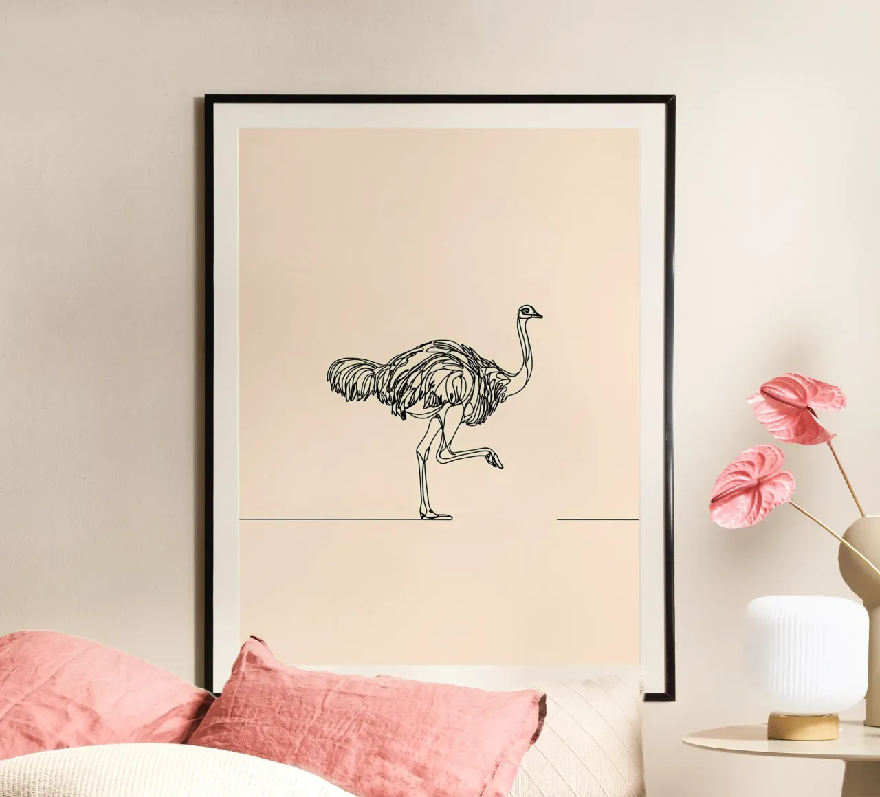 Disegno lineare minimalista di uno struzzo che cammina | Moderno carta hahnemühle da Viv Line Art