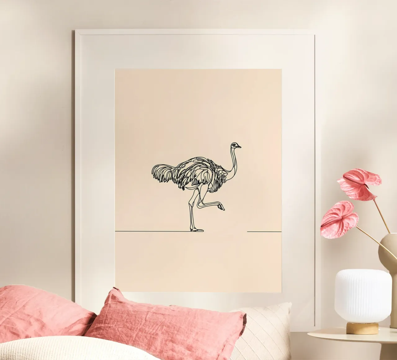 Disegno lineare minimalista di uno struzzo che cammina | Moderno poster da Viv Line Art