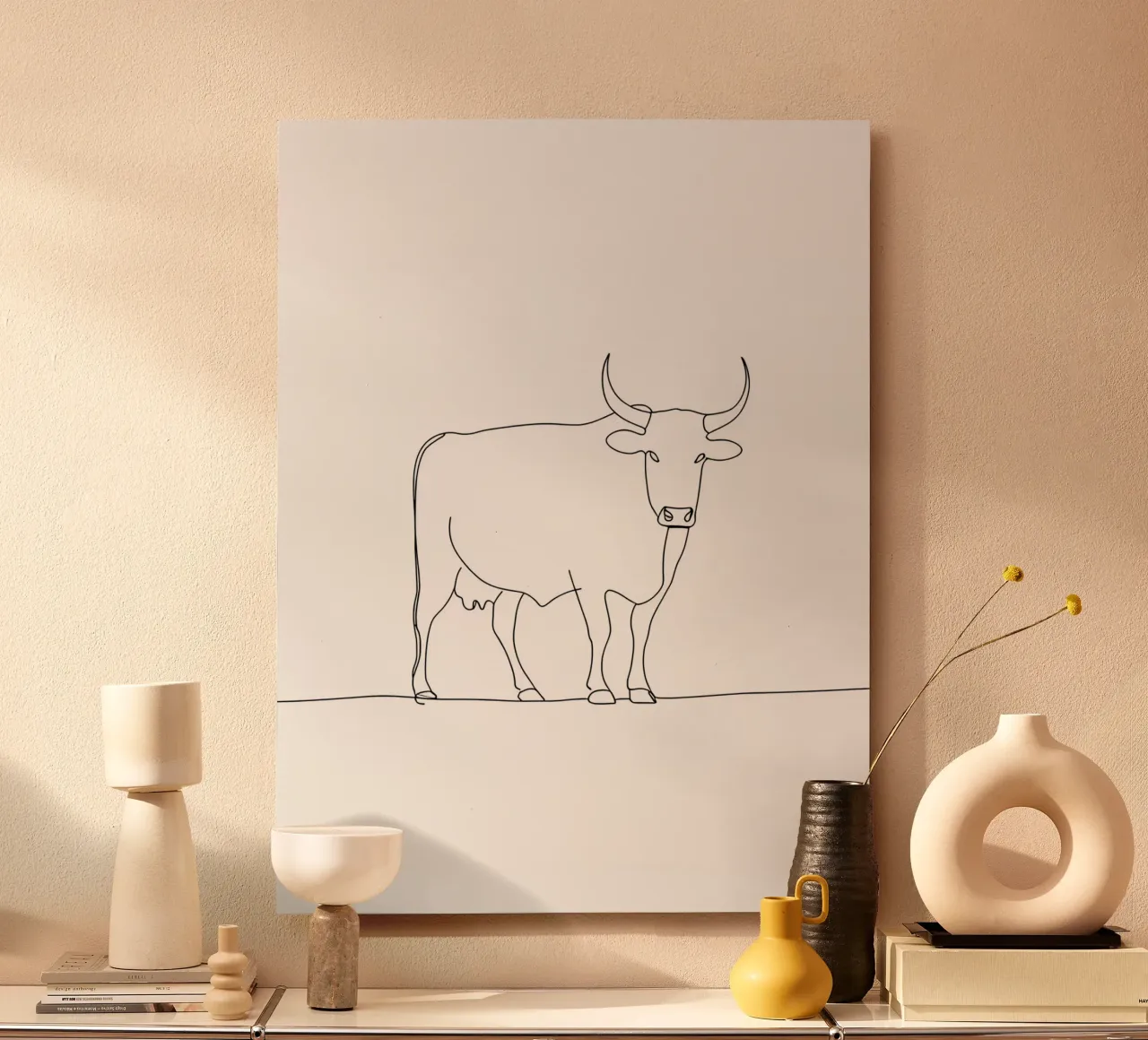 Dessin au trait minimaliste d'une vache calme | Modern Abstract Art alu dibond de Viv Line Art