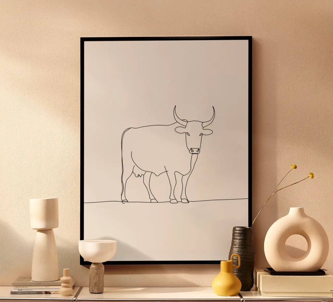 Dessin au trait minimaliste d'une vache calme | Modern Abstract Art hahnemühle de Viv Line Art