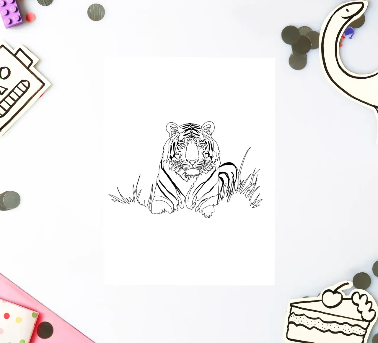 Dessin au trait minimaliste d'un tigre dans l'herbe | Modern Abs autocollant de Viv Line Art