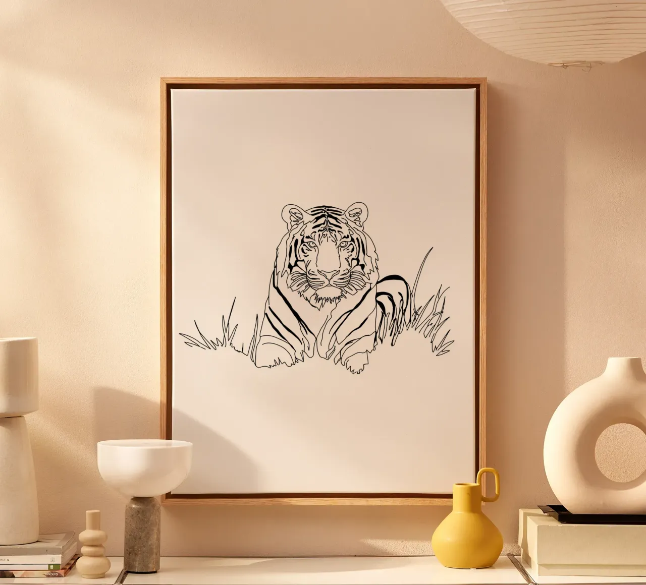 Disegno lineare minimalista di una tigre nell'erba | Abs moderno tela con Cornice a cassetta da Viv Line Art