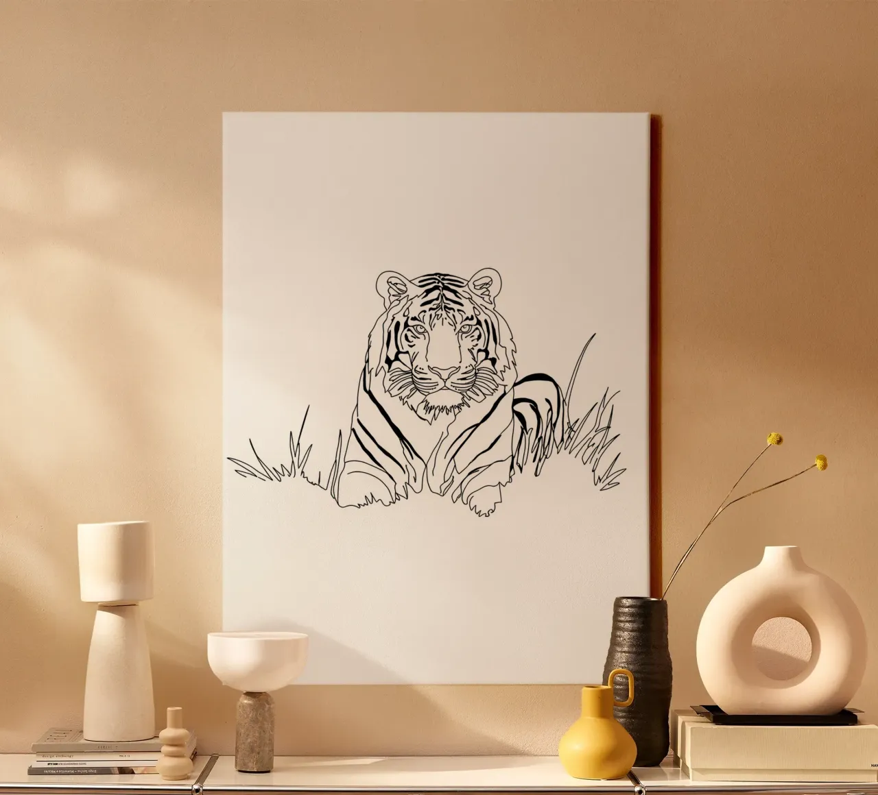 Disegno lineare minimalista di una tigre nell'erba | Abs moderno tela con Cornice a cassetta da Viv Line Art
