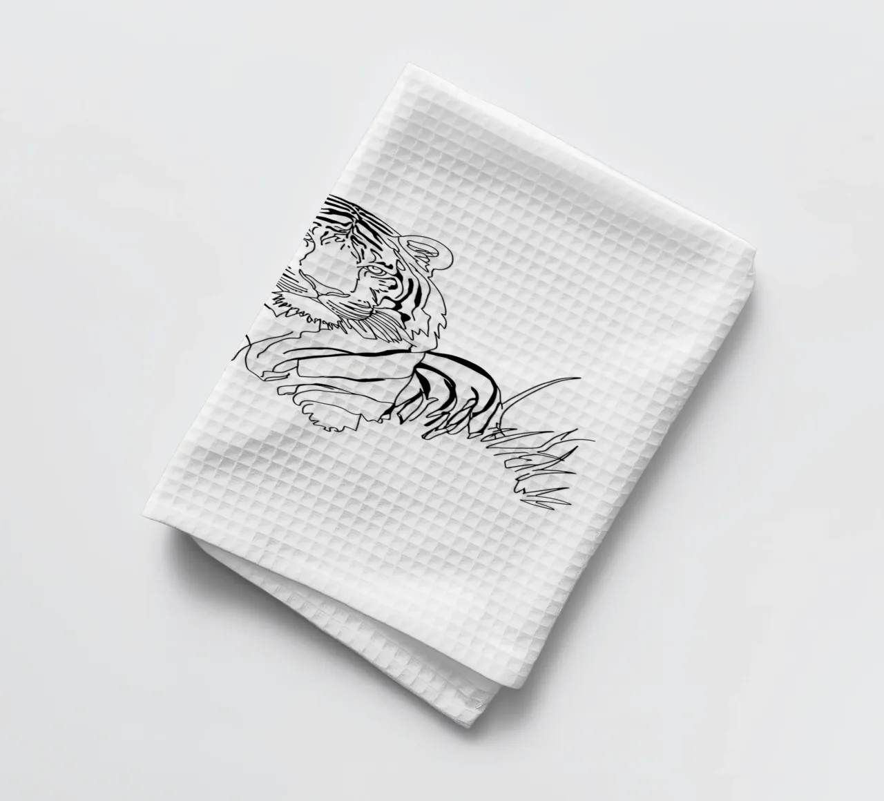 Dessin au trait minimaliste d'un tigre dans l'herbe | Modern Abs torchon de Viv Line Art