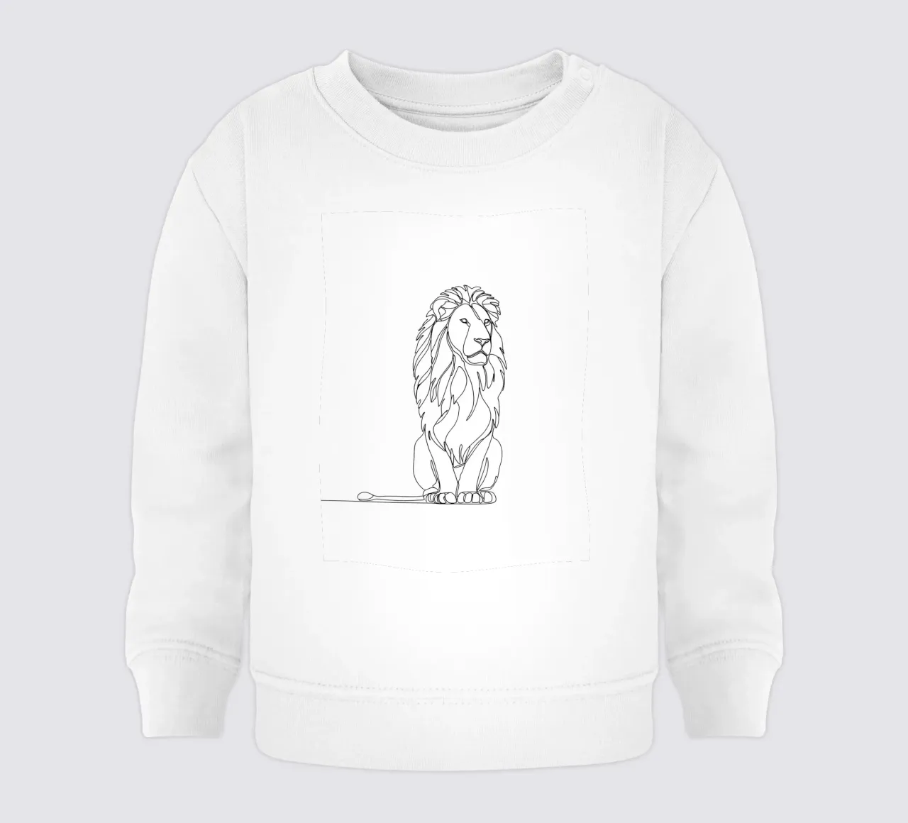 Disegno lineare minimalista di un leone seduto e pacifico | Moderno felpa neonato da Viv Line Art