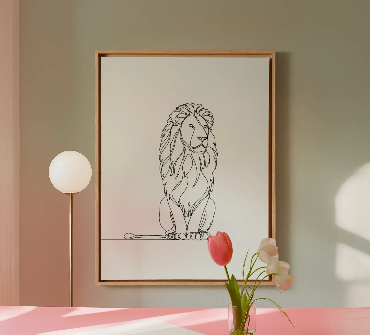 Minimalist Line Drawing of a Peaceful Sitting Lion | Modern canvas with Floater frame by Viv Line Art