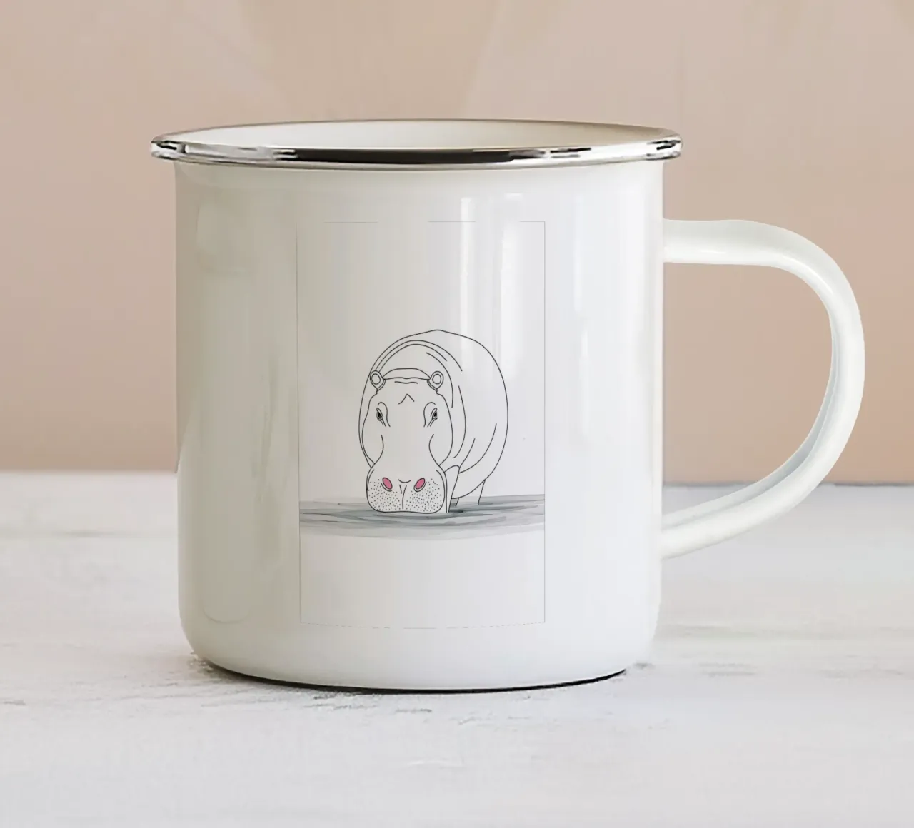 Disegno lineare minimalista di un ippopotamo nell'acqua | Abs moderno tazza in smalto da Viv Line Art
