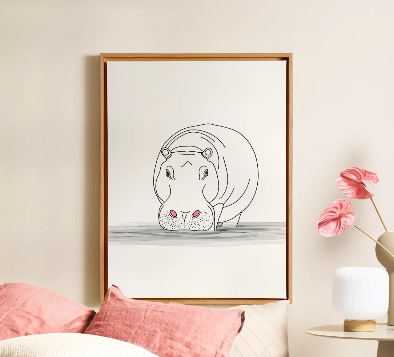 Minimalist Line Drawing of a Hippo in the Water | Modern Abs canvas with Floater frame by Viv Line Art