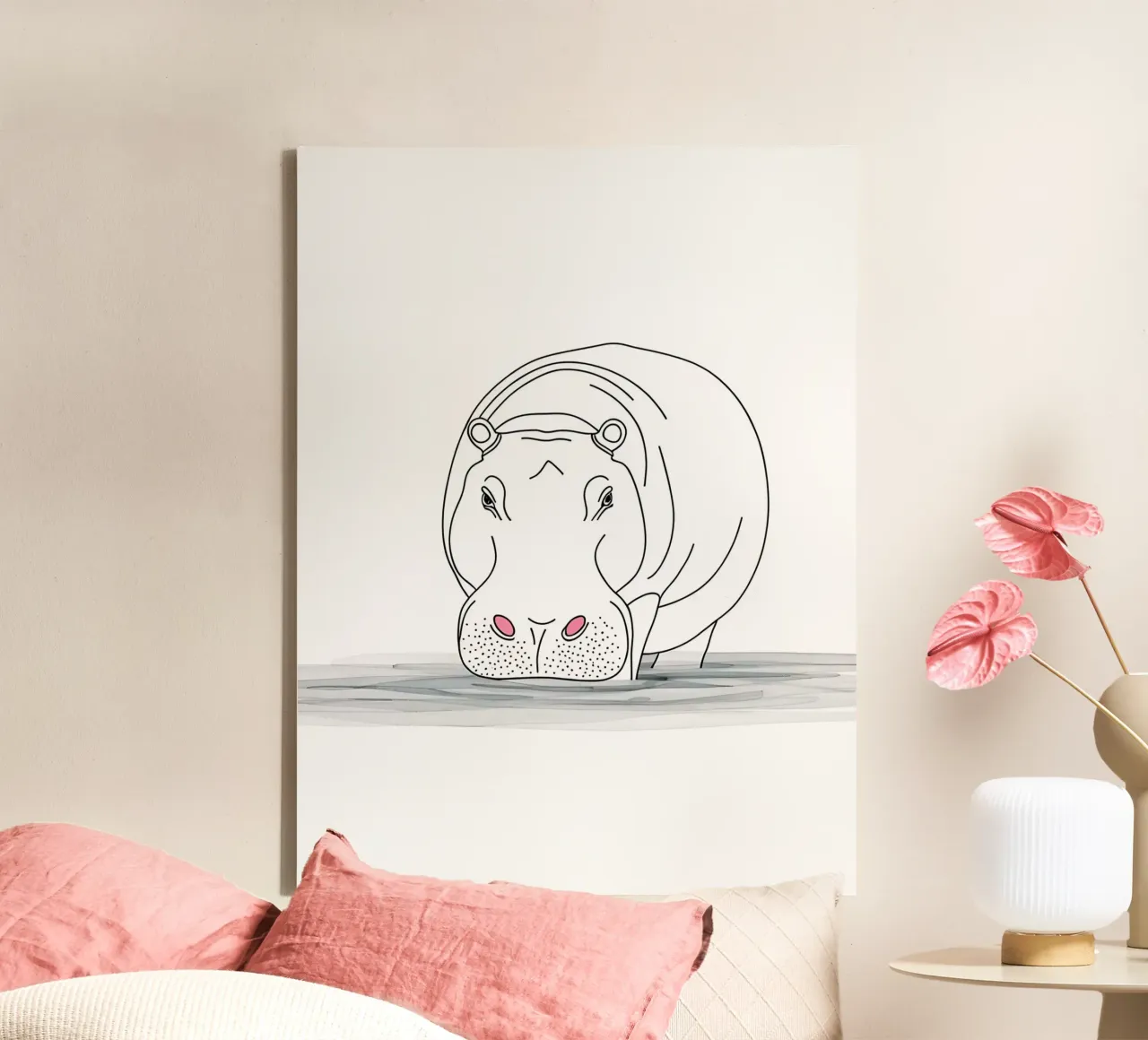 Minimalist Line Drawing of a Hippo in the Water | Modern Abs canvas with Floater frame by Viv Line Art