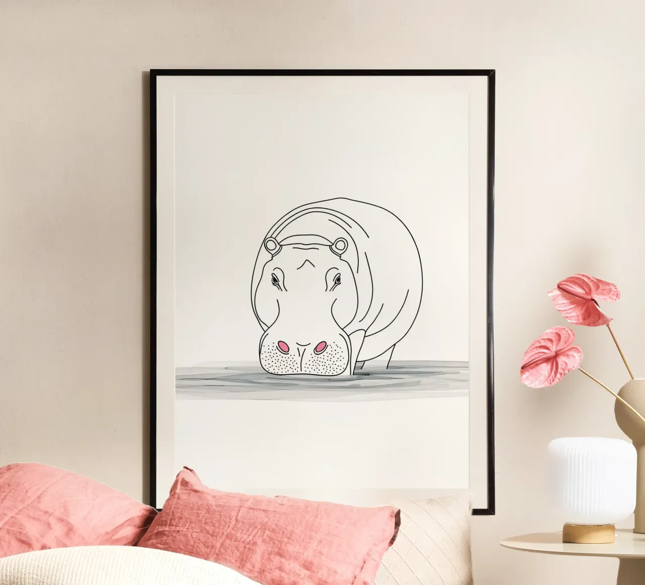 Minimalist Line Drawing of a Hippo in the Water | Modern Abs poster by Viv Line Art