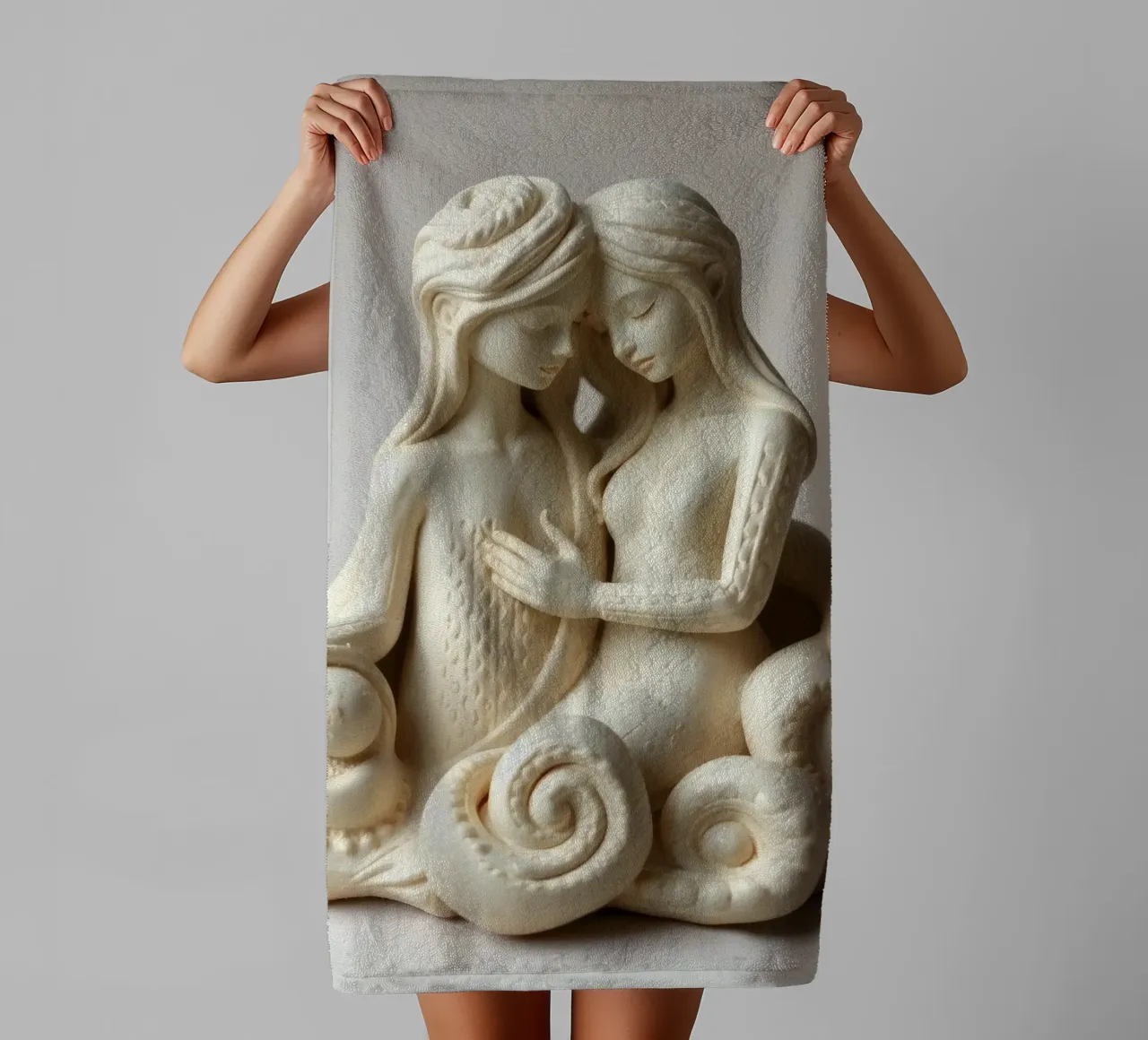 Intricate sculpture depicting two intertwined figures towel by DesignDoodle