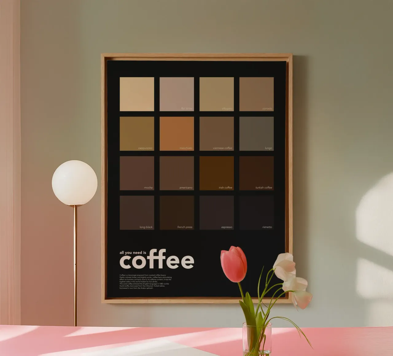 Kaffeefarben - All You Need is Coffee - Geschenk für Kaffeeliebhaber Leinwand mit Schattenfugenrahmen von Chagatai Art