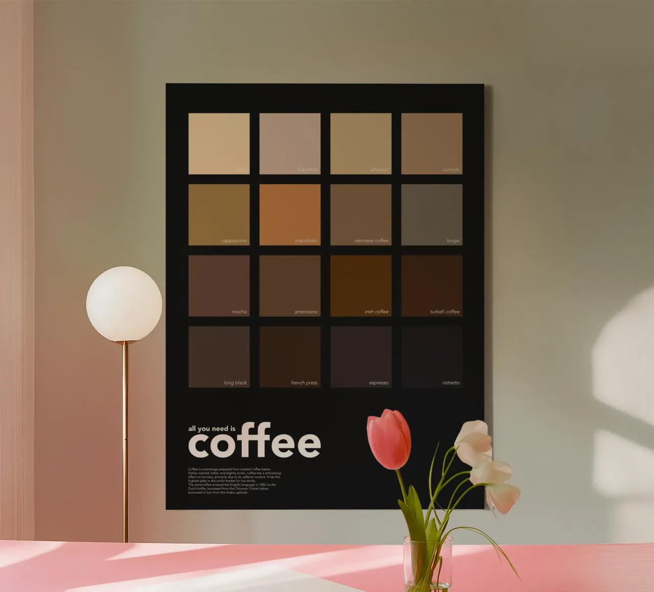 Kaffeefarben - All You Need is Coffee - Geschenk für Kaffeeliebhaber Leinwand mit Schattenfugenrahmen von Chagatai Art