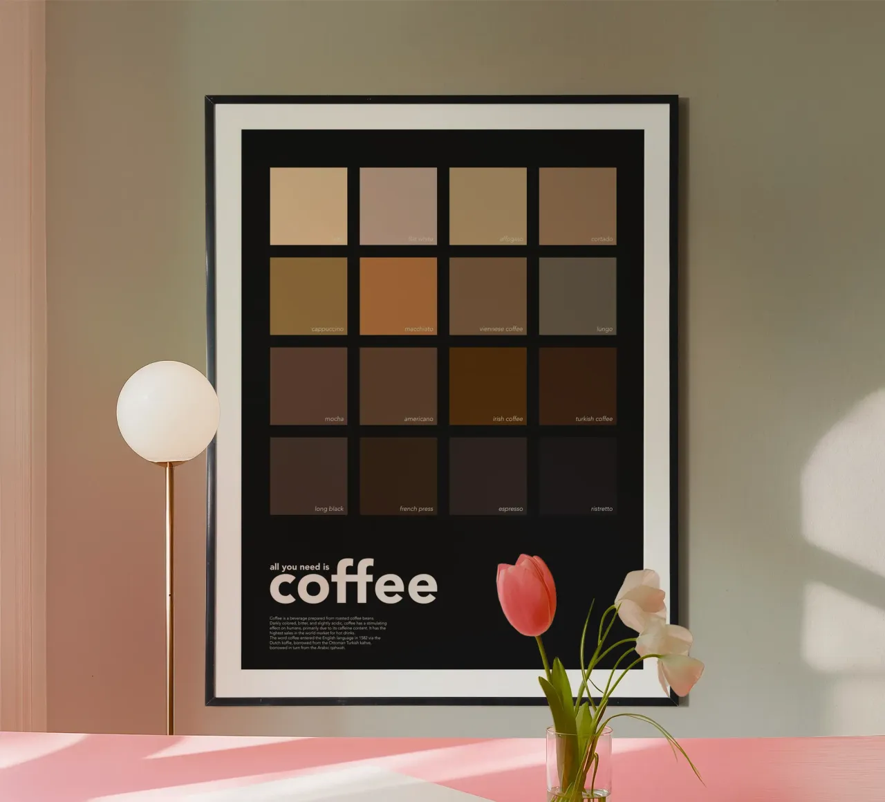 Kaffeefarben - All You Need is Coffee - Geschenk für Kaffeeliebhaber Poster mit Aluminium Rahmen von Chagatai Art