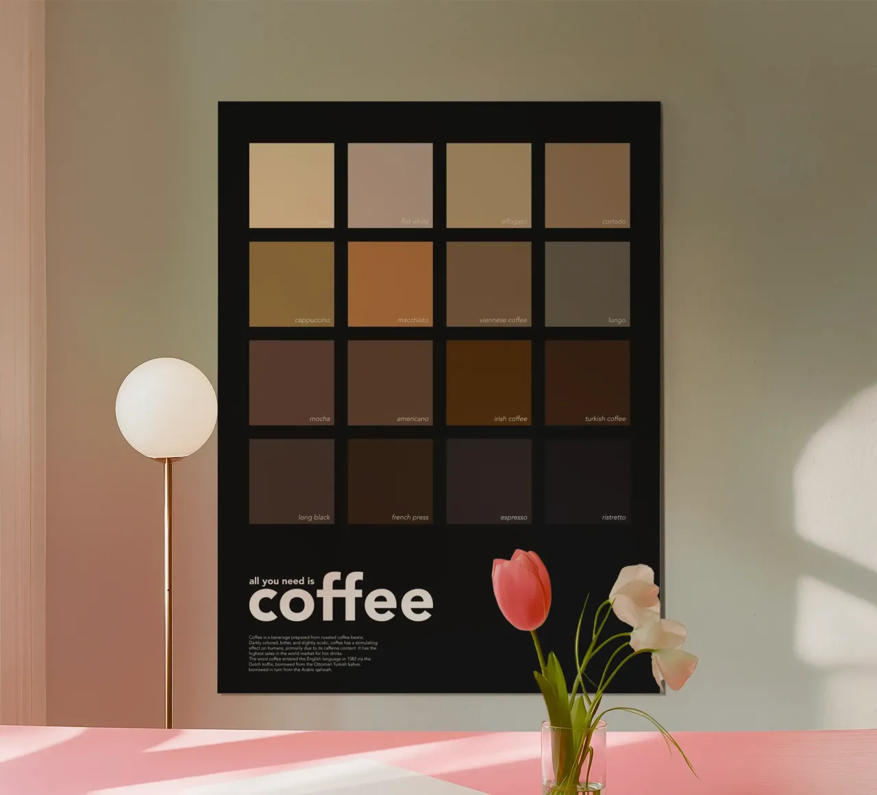Kaffeefarben - All You Need is Coffee - Geschenk für Kaffeeliebhaber Poster mit Aluminium Rahmen von Chagatai Art