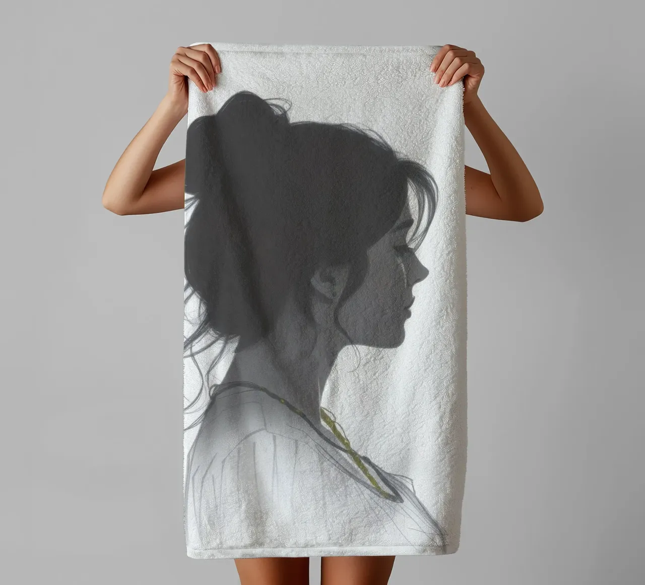 Silhouette di donna con acconciatura complessa e collana asciugamano da bagno da DesignDoodle