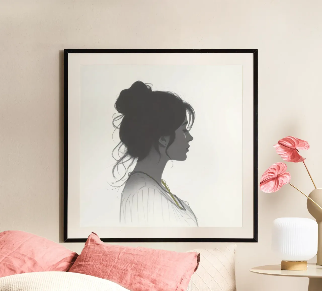 Silhouette di donna con acconciatura complessa e collana carta hahnemühle da DesignDoodle