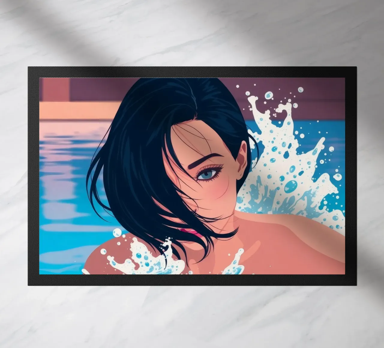 Donna che nuota in piscina e si gode un momento di relax zerbino da DesignDoodle