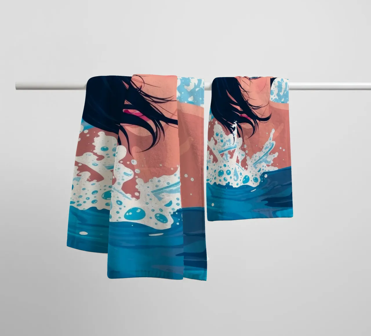 Woman swimming in a pool, enjoying a refreshing moment towel by DesignDoodle